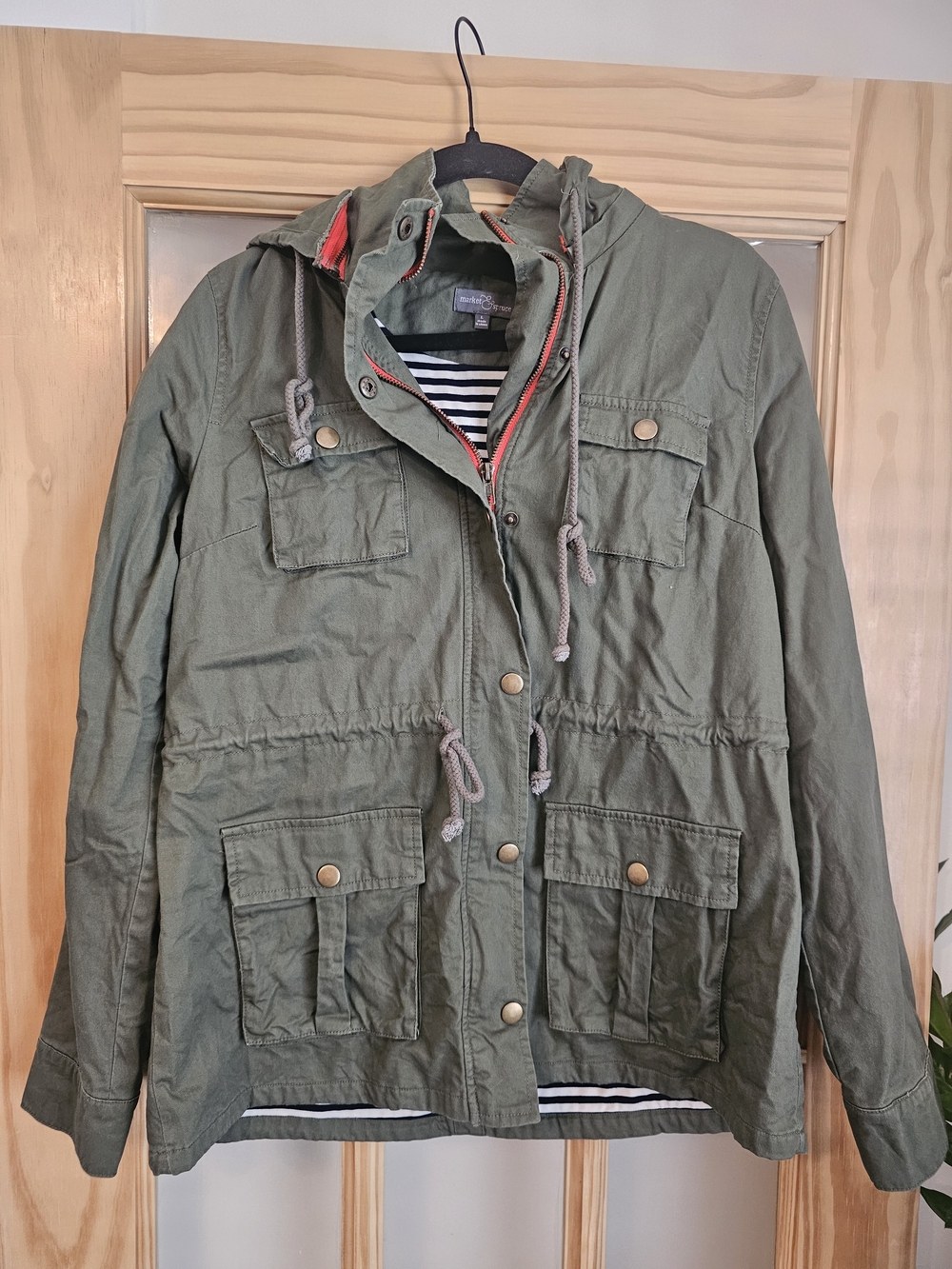 Market & Spruce Olive Green Hooded Utility Jacket with Stripe Lining